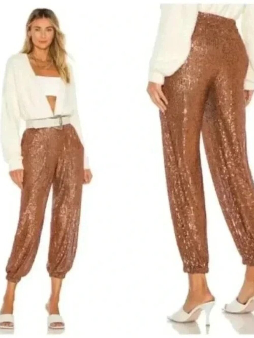 Free People Metallic Bronze Morelia Sequin Jogger Pants Small casual job party